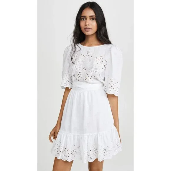 LA VIE By REBECCA TAYLOR Sarcelle White Linen Eyelet Embroidered Dress, Size S - Picture 1 of 16